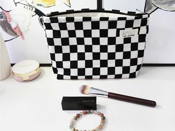HAPPYHEIDI Women Checkered Corduroy Makeup Bag Cosmetic Pouch Purse Organiser, Canvas Lining, Cute Black White