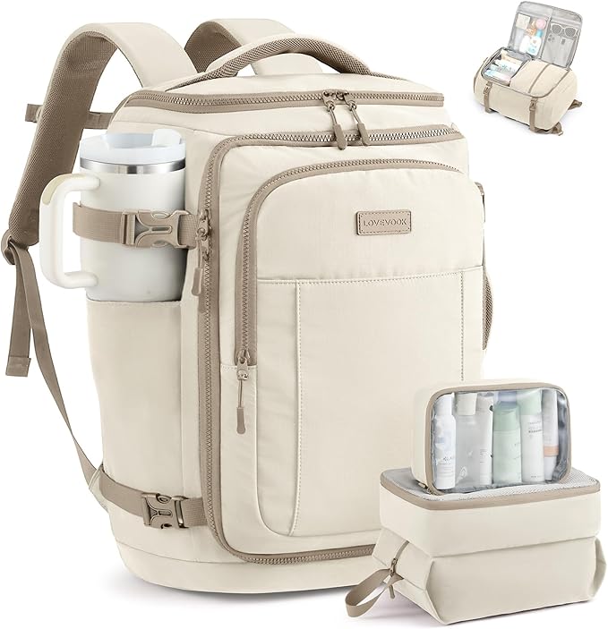 LOVEVOOK Travel Backpack for Women & Men, 40L TSA Approved Carry On Backpack with 3 Packing Cubes, Waterproof Weekender Overnight Bag for 2-4 Day Trips, Business & Travel Essentials, Khaki-Beige