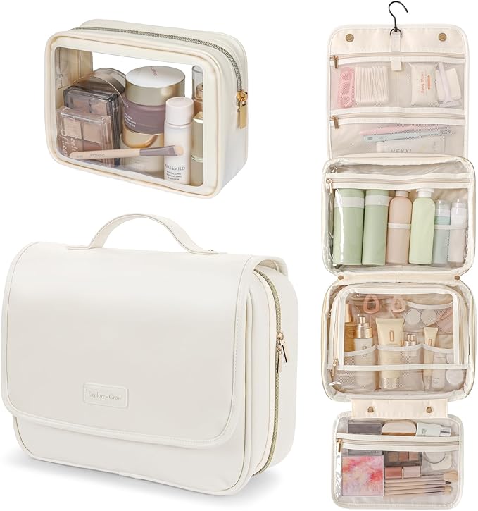 PACKISM Hanging Travel Bag for Traveling with Clear Makeup Bag - Soft Leather Waterproof Travel Toiletry Bag for Full-Sized Toiletries and TSA Approved Toiletry Bag, Off White (L)