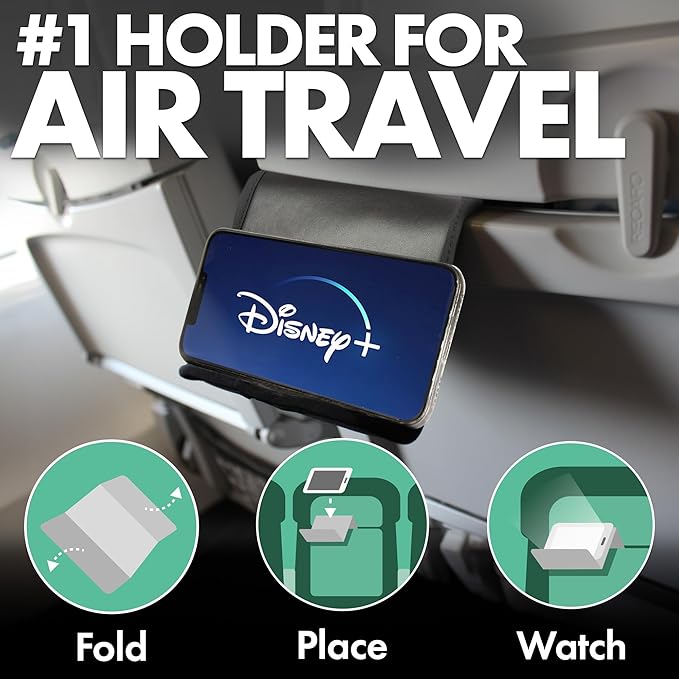 Airplane Phone Holder, Flexible Cell Phone Holder, Folding Cellphone Stand for Desk, Bed, Office, Treadmill - Airplane Gadgets for Long Travel Accessories - Plane Essentials (Vegan Leather)