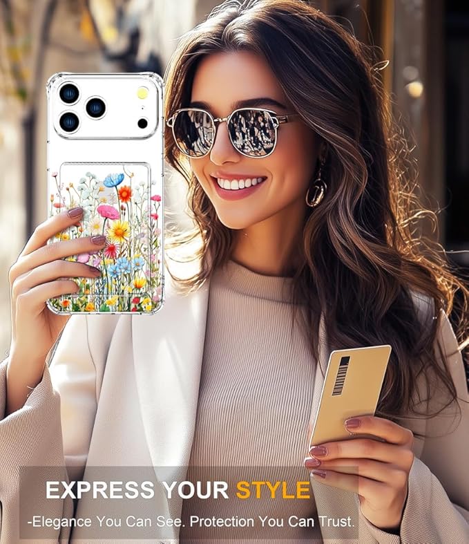 Compatible with iPhone 17 Pro Max Case Card Holder for Women Cute Design,Wallet Phone Cases Transparent Cool Kawaii Protective (Clear Flowers Herbs Wild Plants)