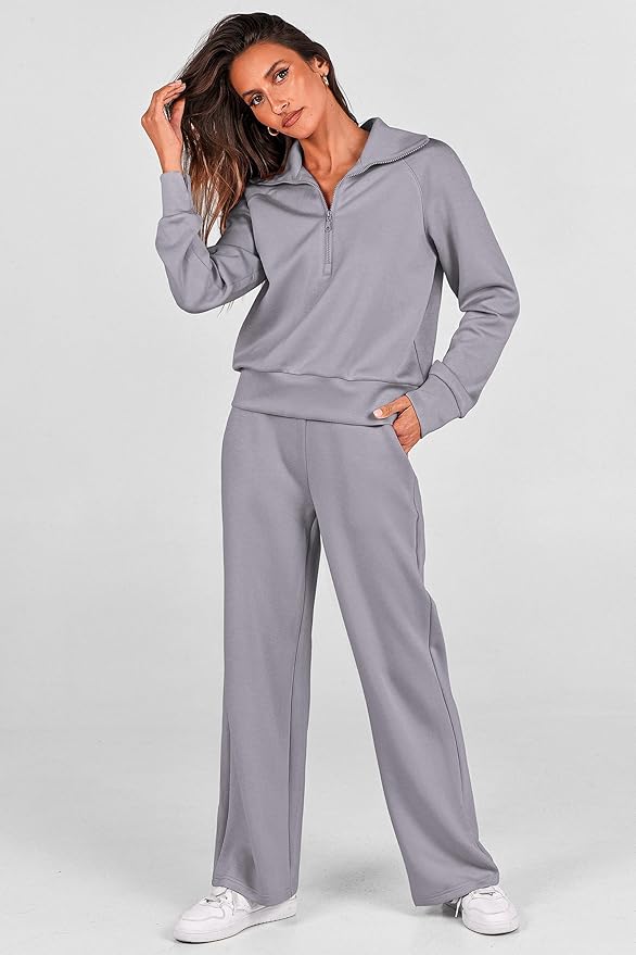 PRETTYGARDEN Women's 2 Piece Outfits Casual Lapel Half Zip Sweatshirts and Wide Leg Pants Tracksuit Sets