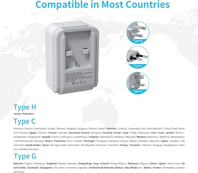 VINTAR Israel Adapter Plug Kit, UK Adapters for Travel with 3 USB Ports (2 USB C) and 2 American Outlets, Type C,G,H Swap&Adapt Attachments, Adapter for Europe and UK Israel Ireland Iceland