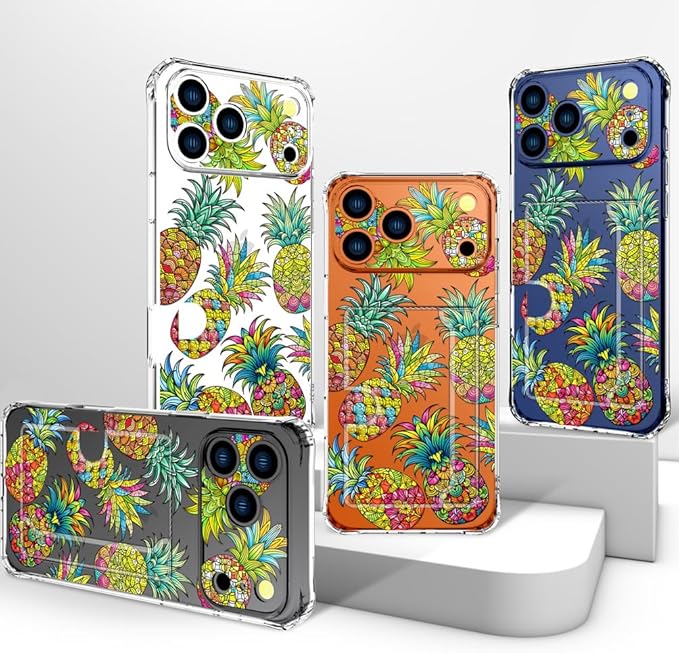 Compatible with iPhone 17 Pro Case Card Holder for Women Cute Design,Wallet Phone Cases Transparent Cool Kawaii Protective (Clear Pineapple Fruit Tropical)