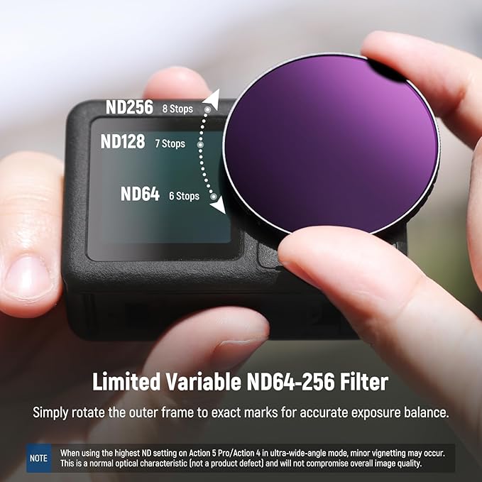 NEEWER Variable ND Filter Compatible with DJI Osmo Action 5 Pro & Action 4, ND64-256 (6-8 Stops) Screw On Neutral Density Lens Filter Multicoated HD Optical Glass Action Camera Accessories