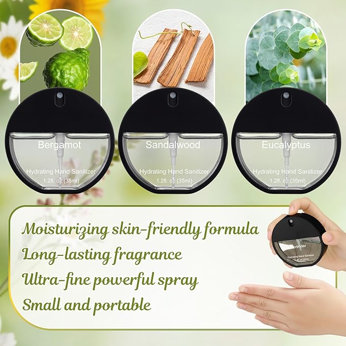 3 Pcs Power Mist Hydrating Hand Sanitizer Spray Bulk Travel Size Refreshing Hand Sanitizer 1.2 Fl. oz Round Spray Bottle Eucalyptus Sandalwood Bergamot Scent for Men Daily Personal Use Gifts