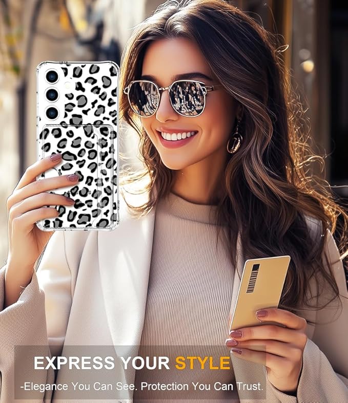 Compatible with Samsung Galaxy S24+ Plus / S25+ Plus Case Card Holder for Women Cute Design,Wallet Phone Cases Transparent Cool Kawaii Protective (Clear Leopard Cheetah Design)