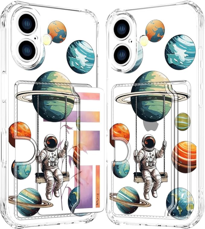 Compatible with iPhone 16 Plus Case Card Holder for Women Cute Design,Wallet Phone Cases Transparent Cool Kawaii Protective (Clear Astronaut Space Planets)