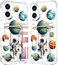 Compatible with iPhone 16 Plus Case Card Holder for Women Cute Design,Wallet Phone Cases Transparent Cool Kawaii Protective (Clear Astronaut Space Planets)