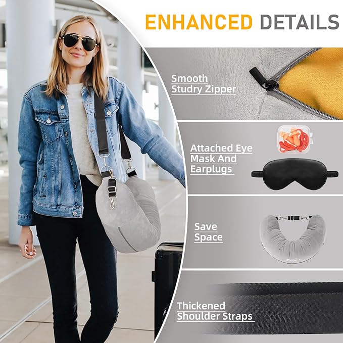 Travel Neck Pillow Stuffable with Clothes, Stuffable Neck Pillow for Travel, Packable Fillable Storage Bag for Airplane Travel, Soft Velvet Neck Pillow Case Cover