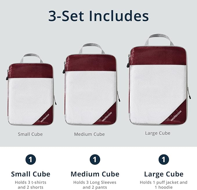 NICOSHOW 3 Set Compression Packing Cubes for Travel - Compressible, Lightweight, and Space-Saving Packing Cubes, Travel Essentials for Women, Wine