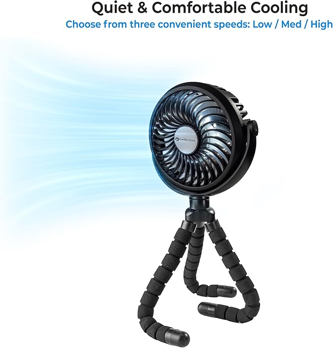 Comfort Zone Portable Stroller Fan – Rechargeable Battery Operated Clip-On Fan with 360° Flexible Tripod & LED Light – 3-Speed Cooling for Car Seats, Cribs, Treadmills & Travel – Black