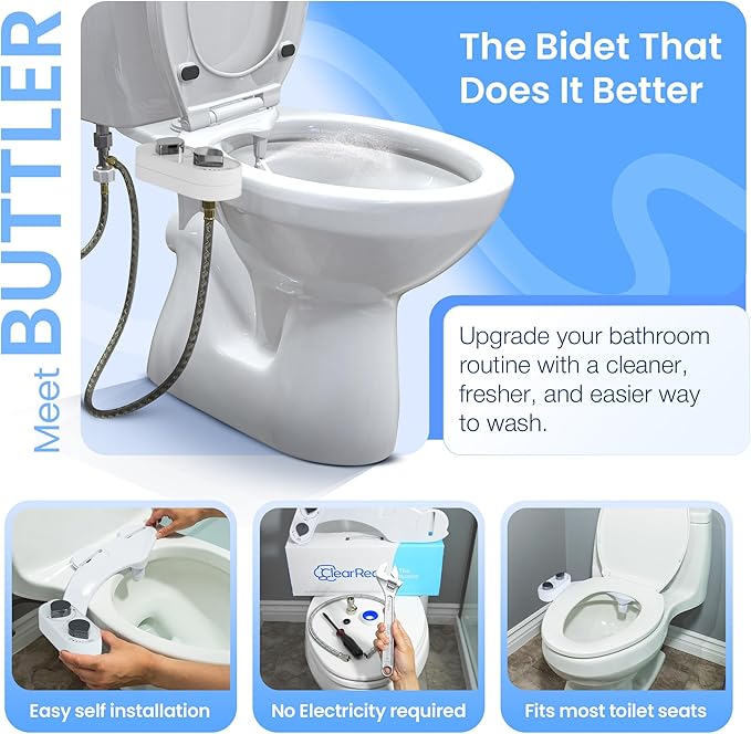 CLEAR REAR Bidet Attachment for Toilet Seat - Non-Electric with Self Cleaning Nozzles, Leak Proof Connectors, Adjustable Water Spray, Rear & Feminine Wash - Hygienic Bathroom Upgrades (White)