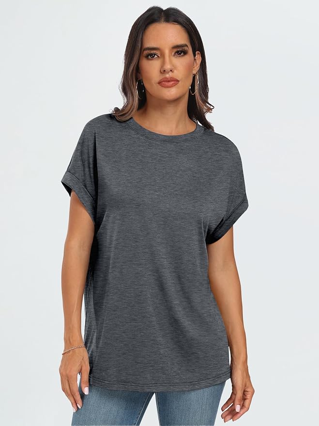 AUTOMET Women's Oversized Short Sleeve T Shirts Casual Drop Shoulder Rolled Cuff Summer Tops for Work, Travel and Lounge