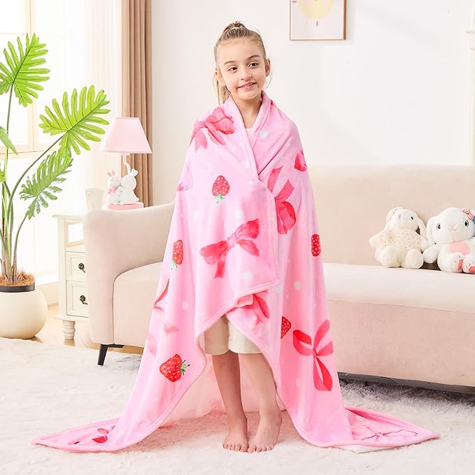Wajade Strawberry Bow Gifts for Boys Girls - Strawberry Bow Blanket Birthday Christmas Decor for Kids Age 3 4 5 6 7 8 9 10 11 12 Years Old Teens Child Toddler Throw Light Grey 60"x80"