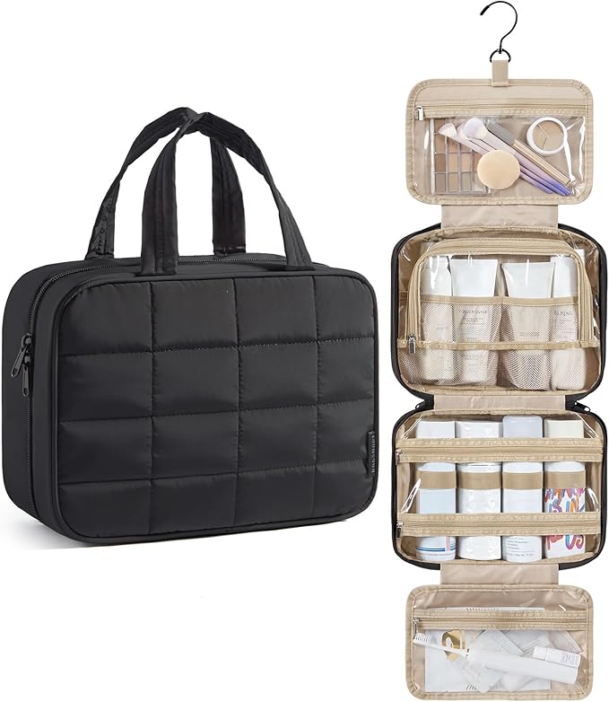 BAGSMART Travel Toiletry Bag for Womne, Hanging Travel Bag for Toiletries, Puffy Makeup Cosmetic Bag Organizer, Carry-on Travel Accessories Essentials, Black