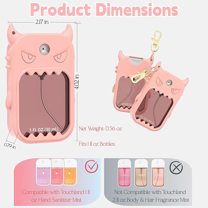 Hand Sanitizer Case Compatible with Touchland 1 Fl Oz, Cute Monster Silicone Spray Holder with Keychain for Bags, Pink