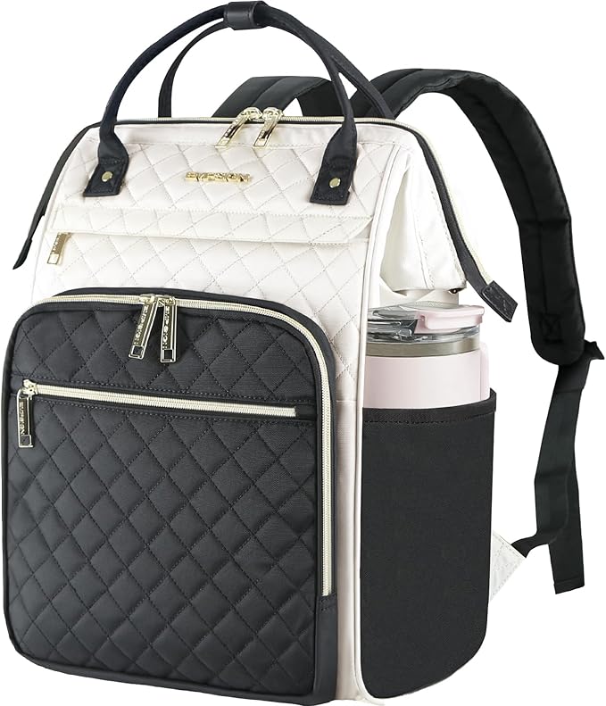 EMPSIGN 17 Inch Laptop Backpack for Women, Work Business Travel Computer College Bags, Large Capacity Water-repellent Quilted Casual Daypack, Beige-Black