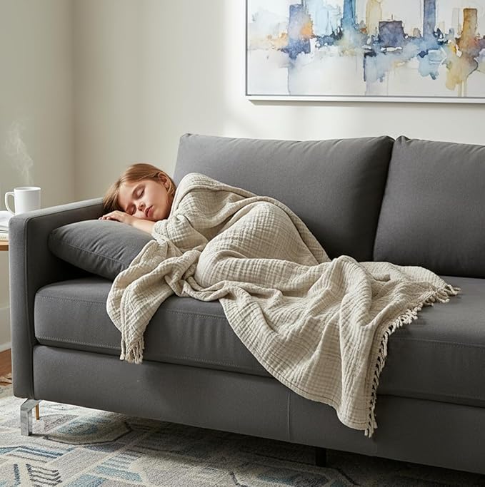 KyraHome Muslin Blankets for Adults, Couch 50"x60", 100% Organic Cotton Throw Blanket, Plant-Dyed, Breathable Lightweight Summer Throw Blanket, All Season (Oatmeal Khaki Tan)