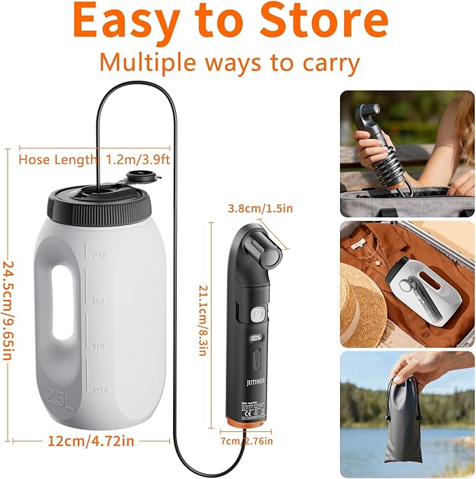 Portable Bidet & Shower for Travel, JUTIMER 2.5L&1600mAh Rechargeable Camping Shower, 2 Showerheads Bidet Sprayer, 2 Modes Waterproof Handheld Bidet, Outdoor Shower Kit for Hiking, Travel