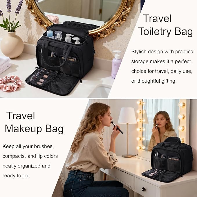 Bagstellar Travel Toiletry Bag for Women, Lightweight Large Quilted Puffy Makeup Bag Wide-open Make up Organizer Cloud Cosmetic Bag w/Handle for Traveling, Toiletries, Essentials, Accessories, Black