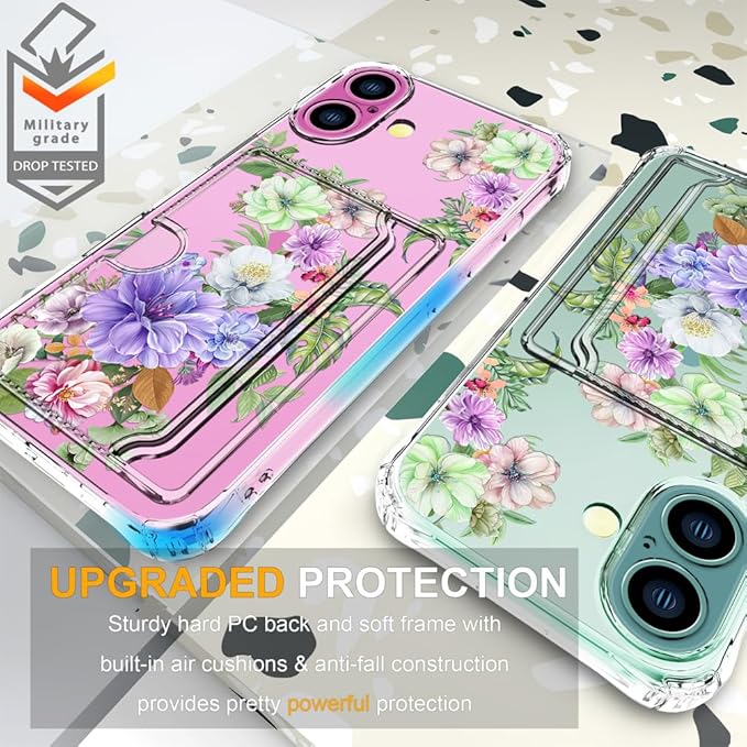 Compatible with iPhone 17 Case Card Holder for Women Cute Design,Wallet Phone Cases Transparent Cool Kawaii Protective (Clear Impressive Flowers)