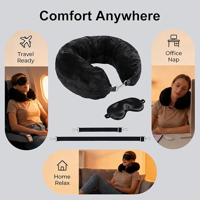 Stuffable Travel Neck Pillow with Light-Blocking Sleep Mask, Fillable Airplane Neck Pillow for Clothes, Soft Velvet Neck Support with Strap