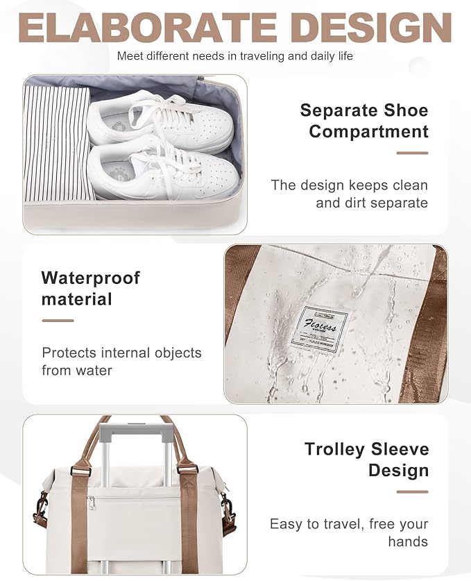 Travel Duffel Bag, 18x14x8 Inches Travel Bag Spirit with Shoes Compartment, Weekender Overnight Bag for Women with Trolley Sleeve, Carry On Bag for Airplanes Sport Tote Gym Bag BeigeBrown