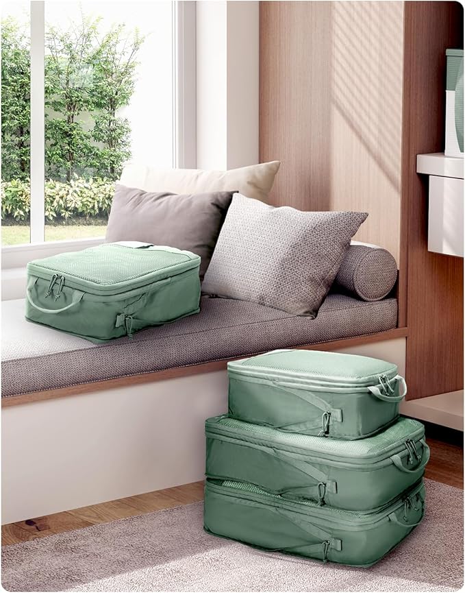ECOHUB 4 Set Compression Packing Cubes for Travel Essentials, Suitcases Organizer Bags with Tag, Travel Bags Organizer for Luggage, Green-Compress