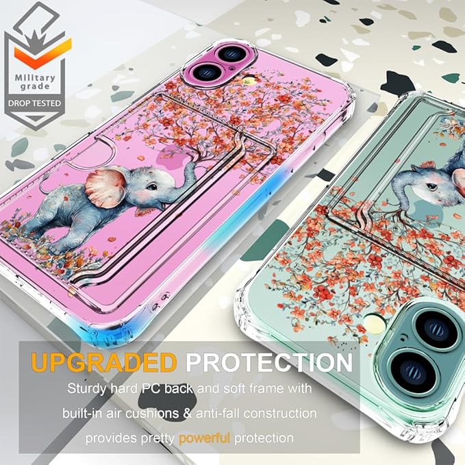 Compatible with iPhone 17 Case Card Holder for Women Cute Design,Wallet Phone Cases Transparent Cool Kawaii Protective (Clear Elephant Creating Flowers)