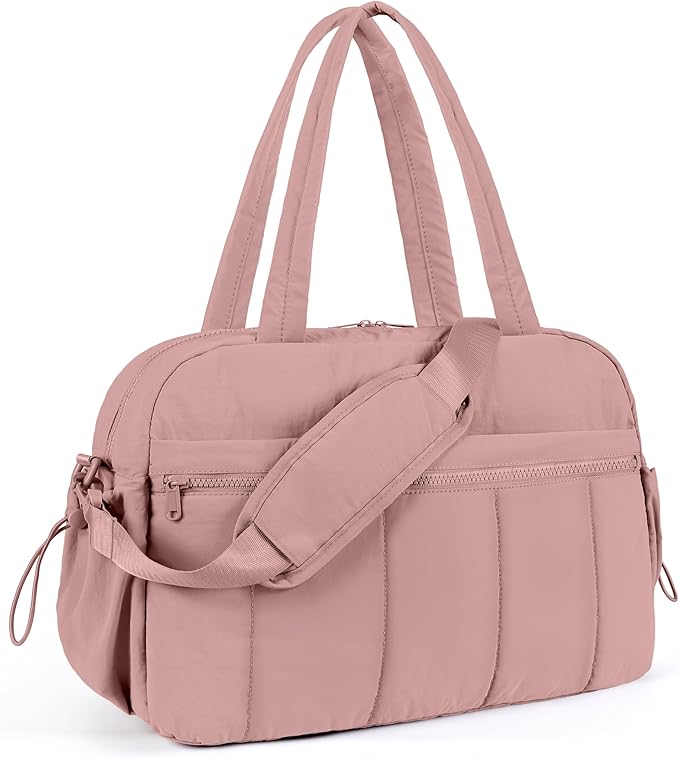 Lightweight Travel Duffle Bag for Women, Quilted Puffy Weekender with Wet Pocket for Gym, Overnight, Personal Item Carry On, Dark Pink
