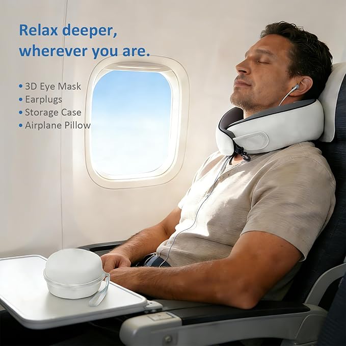 Neck Pain Travel Pillow with 360° Full Support for Rest, Compact Neck Airplane Pillow for Car, Office, Long Flight Kit with Contoured 3D Eye Mask, Earplugs & Portable Storage Box