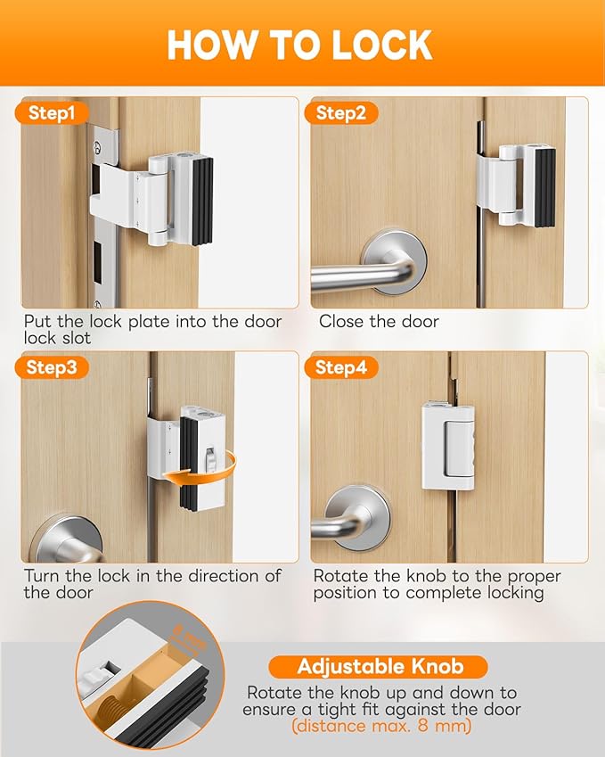 Portable Door Reinforcement Lock for Travel & Home, No Screws Instant Install Safety Lock for Inward Swing Front Door, Hotel, Apartment - Extra Latch from Inside Withstand 800lbs (White-3PCS)