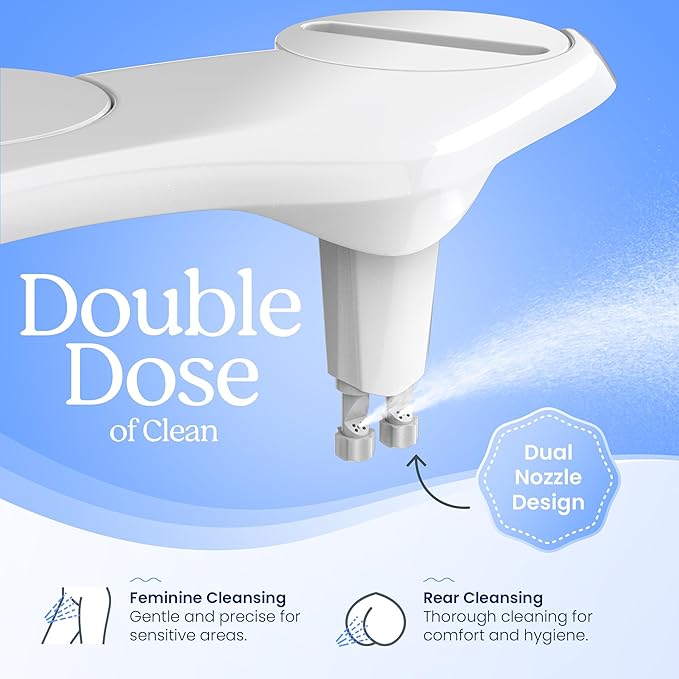 CLEAR REAR Bidet Attachment for Toilet Seat - Non-Electric with Self Cleaning Nozzles, Leak Proof Connectors, Adjustable Water Spray, Rear & Feminine Wash - Hygienic Bathroom Upgrades (2 Pack)