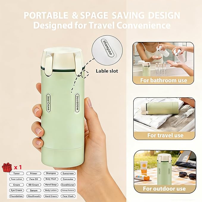 4 in 1 Travel Dispenser Bottle Travel Bottle Dispenser for Toiletries TSA Approved Leakproof with 4 Pack 30Ml Travel Size Pump Bottles & Labels, Suitable for Lotion Shampoo Conditioner Cream