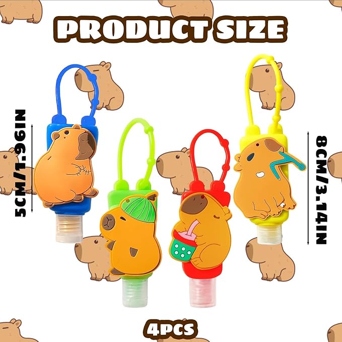 CZFSWT 4 Pcs Hand Sanitizer Keychain, Capybara Hand Sanitizer Holder Keychain, Keychain Hand Sanitizer, Travel Portable Leak Proof Hanging Bottle, Suitable for Refillable School Commuting Containers