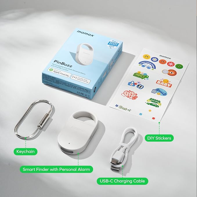 Momax Key Finder Tracker Tag – Smart Personal Alarm Rechargeable Tracking Device with SOS Alert & LED Strobe, Find My (iOS Only), Anti-Lost Tags with Keychain, Travel Gadget for Women, Girls, White
