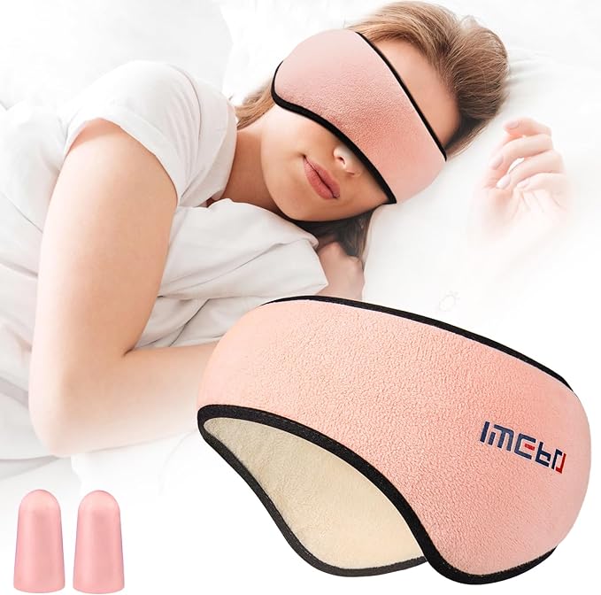 Plush Sleep Mask - Adjustable Headband, 2 in 1 Eye & Ear Mask for Men & Women, Soft Eye Cover for Side Sleepers (Pink)