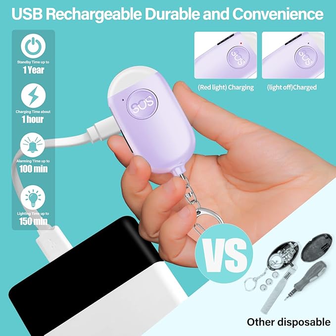 Hion Personal Safety Alarm for Women, Rechargeable 130dB Self Defense Alarm Keychain with LED Flashlight, Emergency Safe Sound Security for Children Elderly College Girls Men, Purple