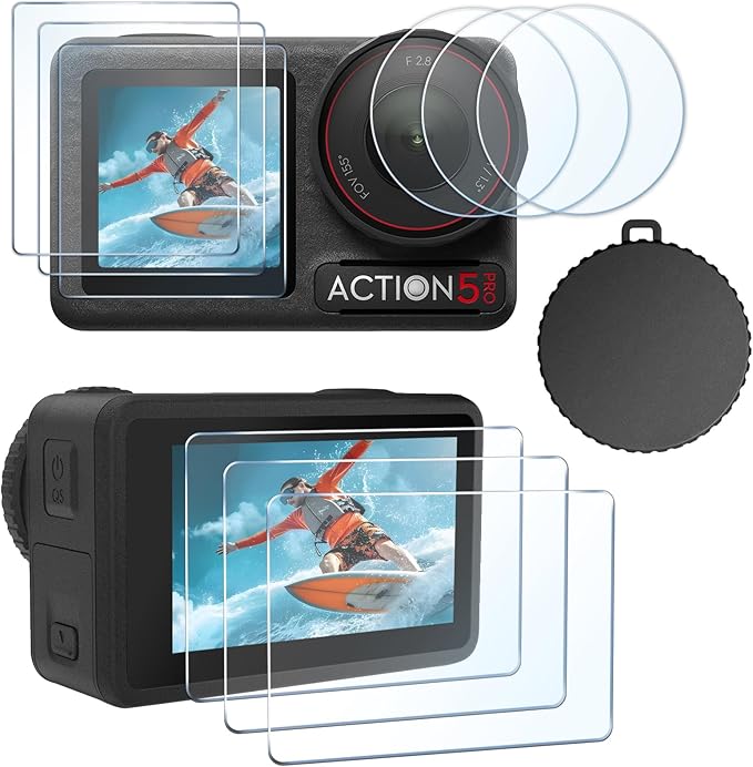 FiTSTILL Tempered Glass Screen Protector with Silicone Lens Cap for DJI Osmo Action 5 Pro,Ultra HD 9H Hardness,Scratch Resistant Bubble Free Action 5Pro Accessories