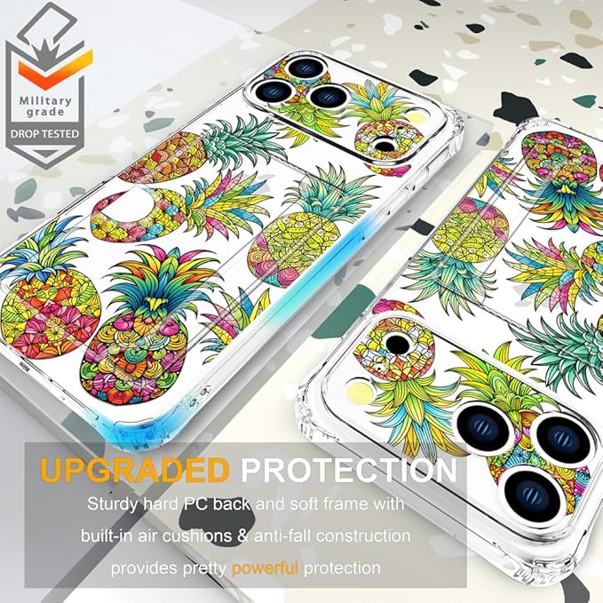 Compatible with iPhone 17 Pro Case Card Holder for Women Cute Design,Wallet Phone Cases Transparent Cool Kawaii Protective (Clear Pineapple Fruit Tropical)