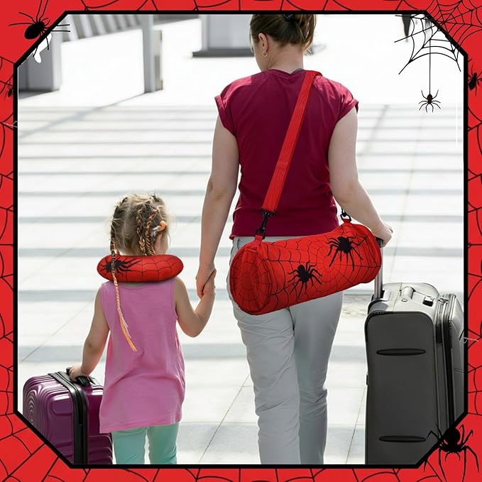 Moukeren 4 Pcs Spider Travel Pillow and Blanket Set Travel Airplane Essentials with Memory Foam Neck Pillow Soft Fleece Blanket Eye Mask and Spider Storage Bag for Boys Girls Sleeping Use