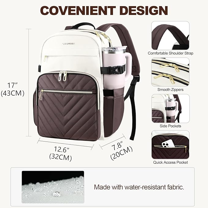 VANKEAN Laptop Backpack for Women with Pouch Pocket for Large Capacity Tumbler, 15.6 Inch Laptop Computer Bag Travel Backpack Purse,Waterproof Work Business College Teacher Bags, Beige-Coffee