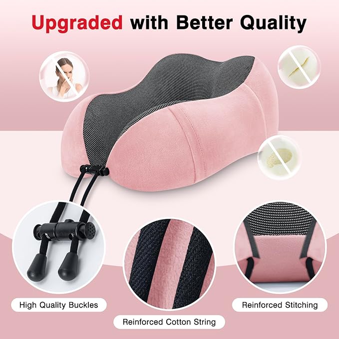 urnexttour Neck Pillow Airplane-2 Pack Memory Foam Travel Pillow, Soft Support Travel Neck Pillow for Travelling, Sleeping Rest, Car, Train and Home Use (Black&Pink)