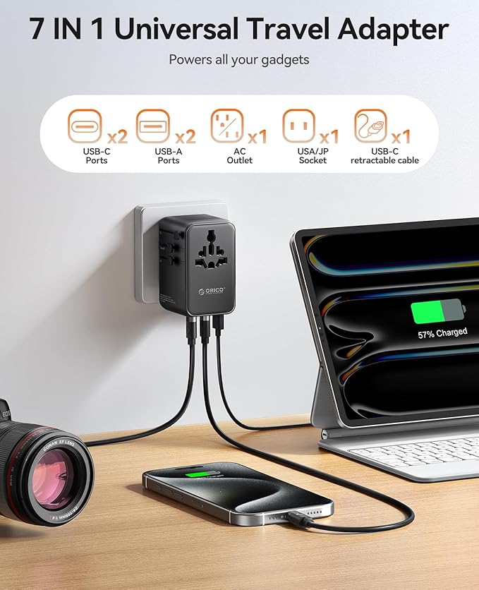 ORICO 70W Universal Travel Adapter with 2 AC Outlets and 3 USB-C and 2 USB-A Ports, Built-in Retractable USB-C Cable, Type A, C, G, I Outlets, International Travel Adapter for Global Travel