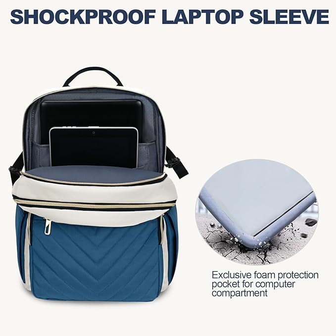 VANKEAN Laptop Backpack for Women with Pouch Pocket for Large Capacity Tumbler, 15.6 Inch Laptop Computer Bag Travel Backpack Purse,Waterproof Work Business College Teacher Bags, Beige-Haze blue