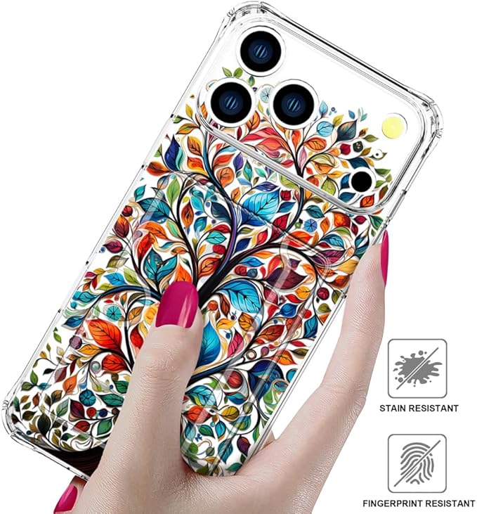 Compatible with iPhone 17 Pro Max Case Card Holder for Women Cute Design,Wallet Phone Cases Transparent Cool Kawaii Protective (Clear Tree Colorful Leaves)