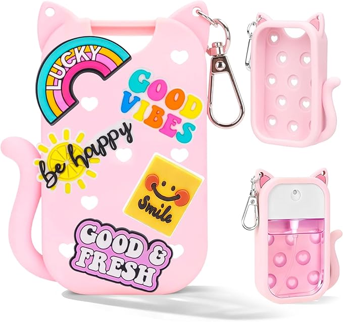 Cat Silicone Case for Touchland Hand Sanitizer Spray with Keychain & Charms,Compatible with Power Mist & Glow Mist 1 FL Oz/30ML for Touchland Case,Cute Travel Cover Sleeve Accessory (Pink Cat)