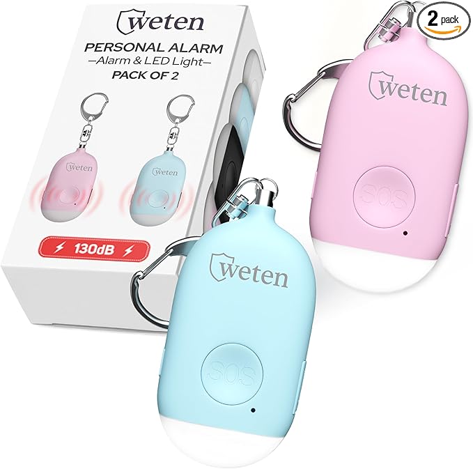 Weten Rechargeable Personal Alarm Keychain - 130dB Siren & LED Light - 2 Pack Personal Safety Alert for Women to Carry - Panic Button Alarm for Security - Rape Whistle for Self Defense (Pink&Blue)