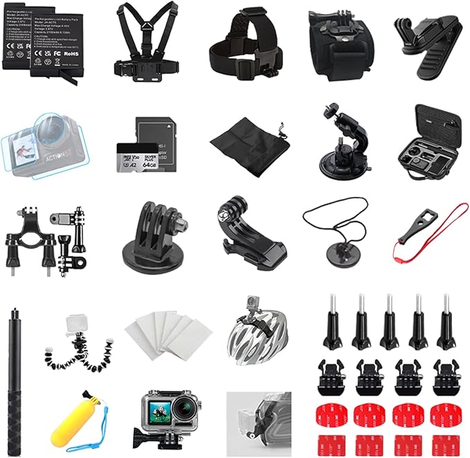 Action Camera Accessories Adventure Kit, Includes Helmet Mount, Chest Strap, Head Strap, Selfie Stick, Handlebar Mount, Floating Hand Grip, Lens Cover, Cleaning Cloth (USB Cable Included)